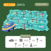 Blue and yellow toy vehicle on an ocean-themed play mat with track and traffic signs, 25 piece set.