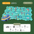 Blue and yellow toy vehicle on an ocean-themed play mat with track and traffic signs, 25 piece set.