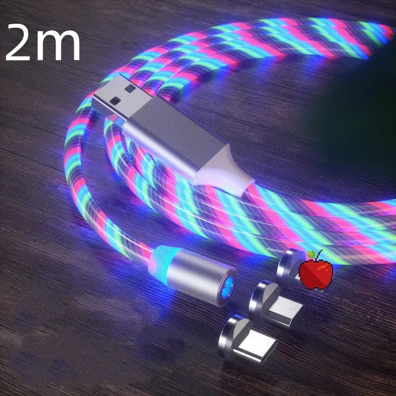 Colorful LED USB charging cable with magnetic connectors, braided 2m, on wood surface