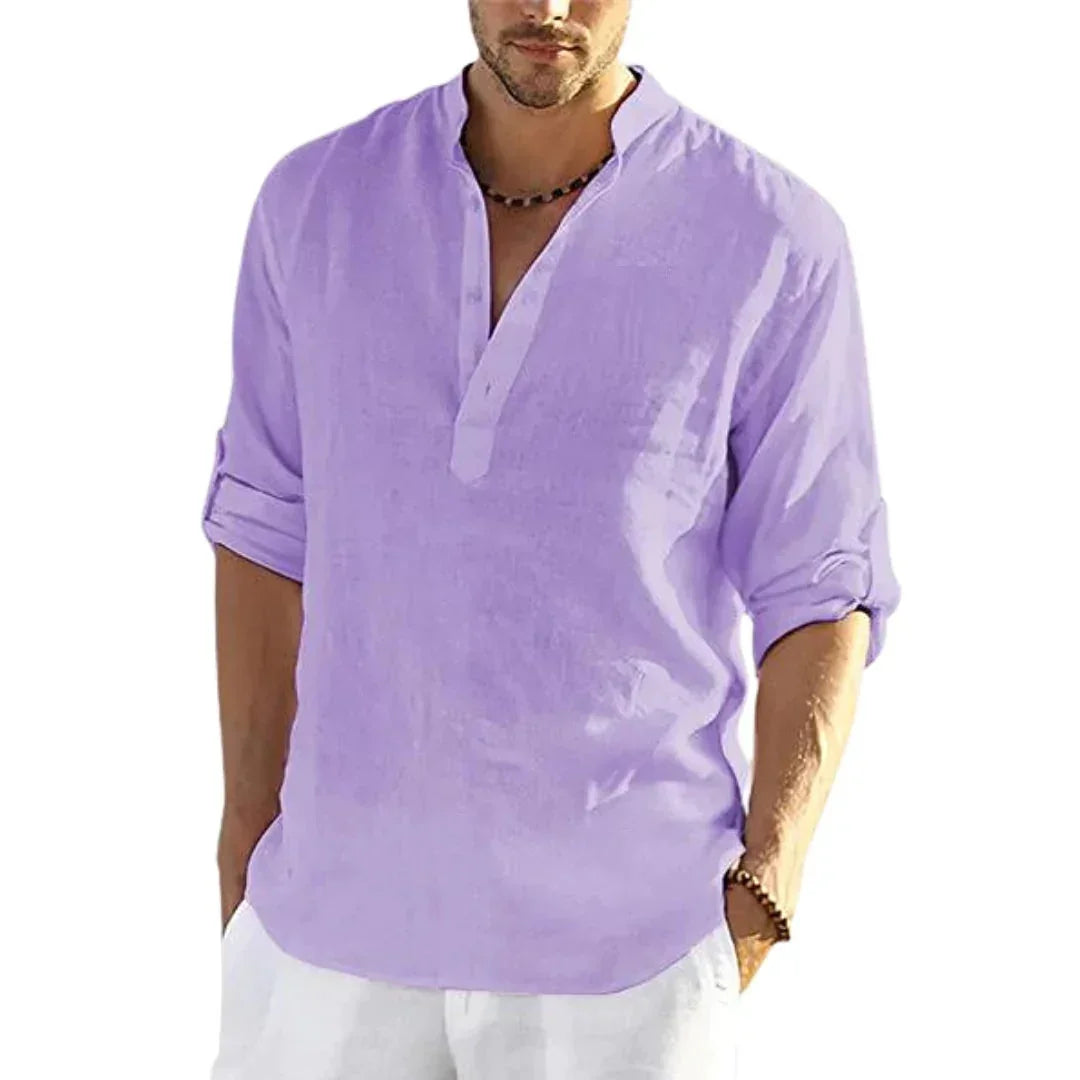 Men's relaxed fit long sleeve lavender linen shirt with band collar and rolled cuffs