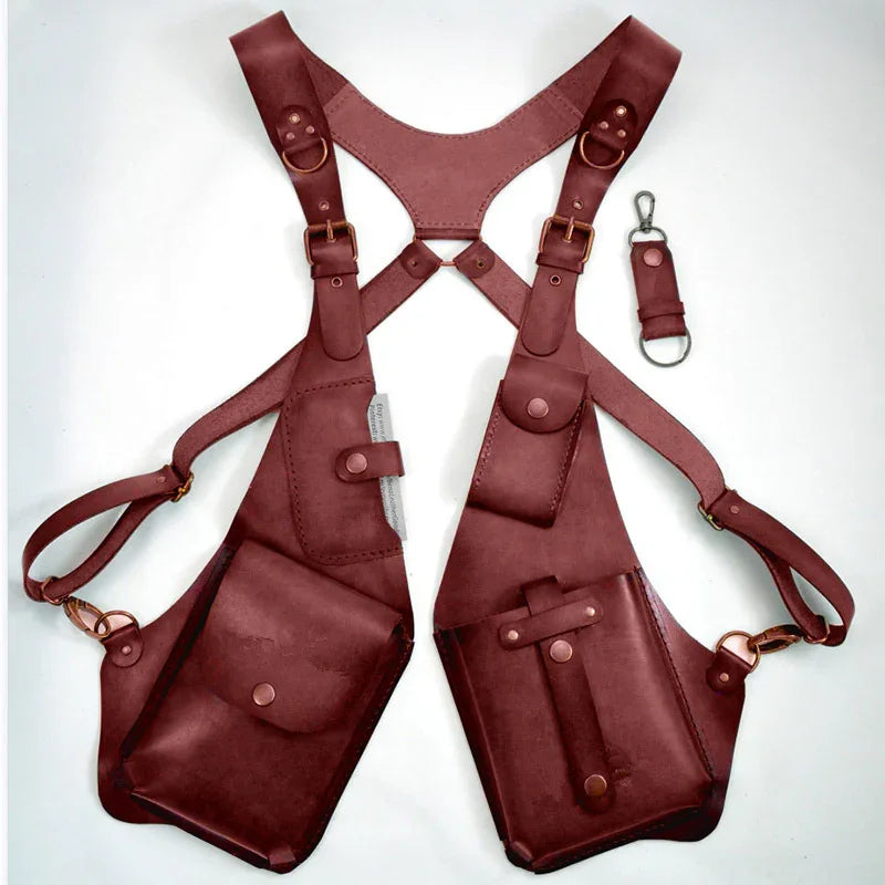 Brown leather crossbody utility holster with multiple pockets and adjustable straps