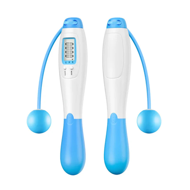 Blue and white cordless digital jump rope with adjustable handles and LCD display