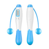 Blue and white cordless digital jump rope with adjustable handles and LCD display