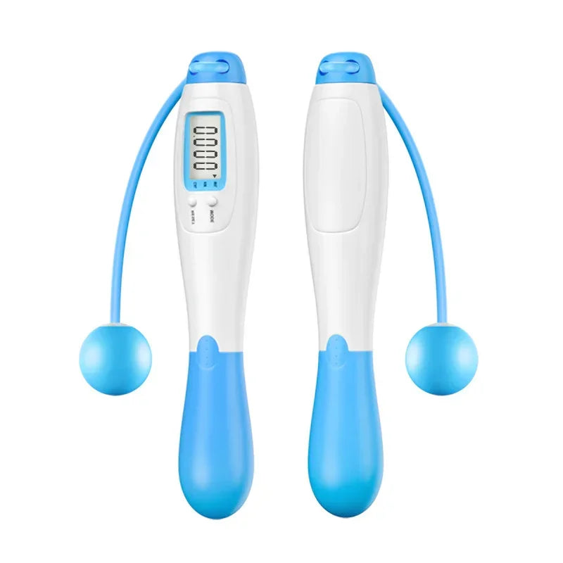 Blue and white cordless digital jump rope with adjustable handles and LCD display