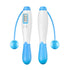 Blue and white cordless digital jump rope with adjustable handles and LCD display