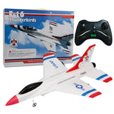 White and red remote control stunt jet with blue accents, foam material, realistic fit.