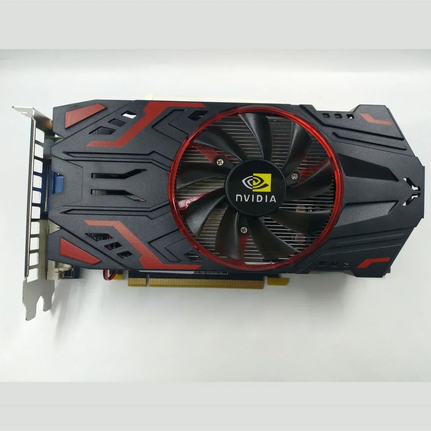 Black and red graphics card with large cooling fan and visible NVIDIA logo on the center.