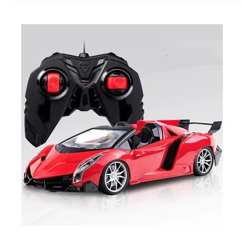 Red remote control sports car with black controller, sleek design, glossy finish