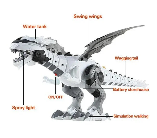 White robotic dinosaur toy with swing wings, spray light, and moving tail and legs