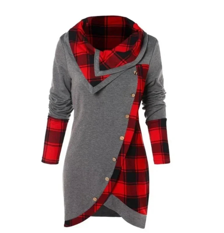 Gray long-sleeve hoodie dress with red plaid accents and wooden buttons, slim fit.