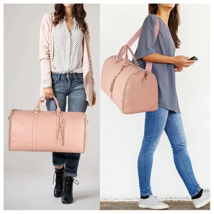 Women wearing casual outfits with light pink duffel bag, blue jeans, and boots or sneakers