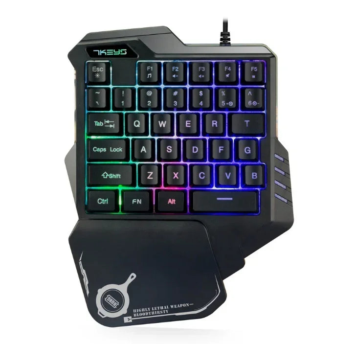 Black one-handed gaming keyboard with RGB backlighting, mechanical keys, and wrist rest