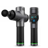 Black and gray handheld massage gun with digital display and green accent ring
