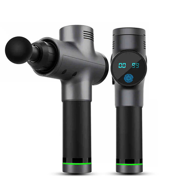 Black and gray handheld massage gun with digital display and green accent ring