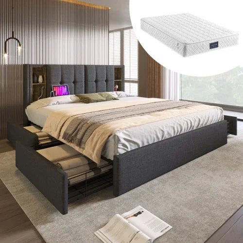Modern bedroom with a dark upholstered storage bed, neutral bedding, and a white mattress