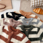 Cozy button-up fuzzy cardigans in striped patterns, various earth tones, soft knit material