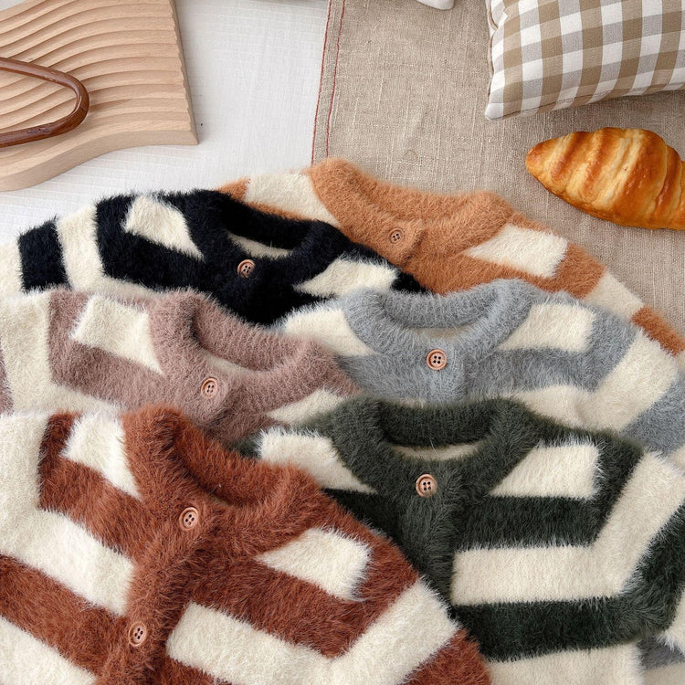 Cozy button-up fuzzy cardigans in striped patterns, various earth tones, soft knit material