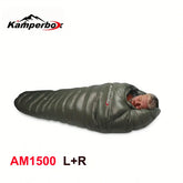 Man in dark green puffer-style sleeping bag, insulated material, snug fit, indoor studio
