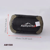 Black and olive green cylindrical compression sack with adjustable straps, 43x23cm size, nylon material.