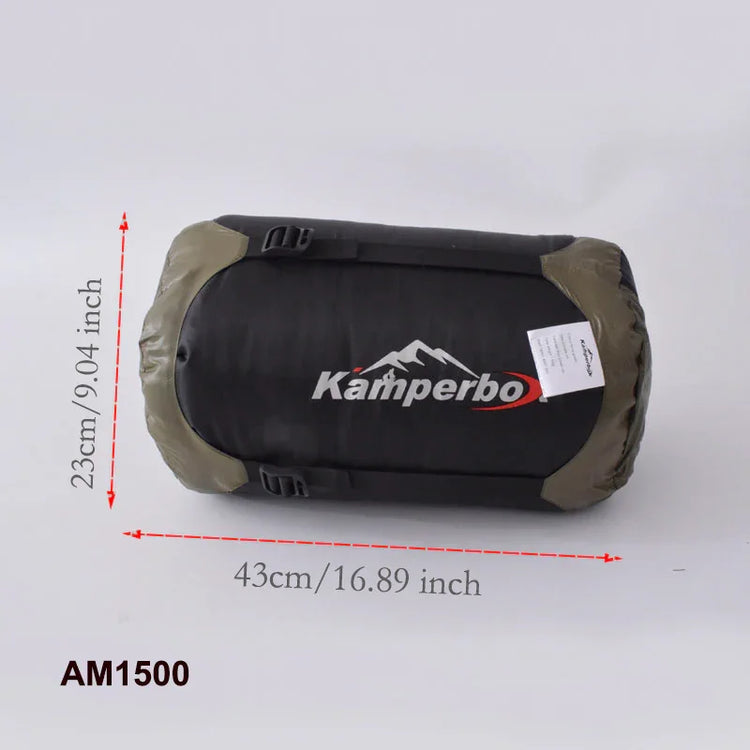 Black and olive green cylindrical compression sack with adjustable straps, 43x23cm size, nylon material.