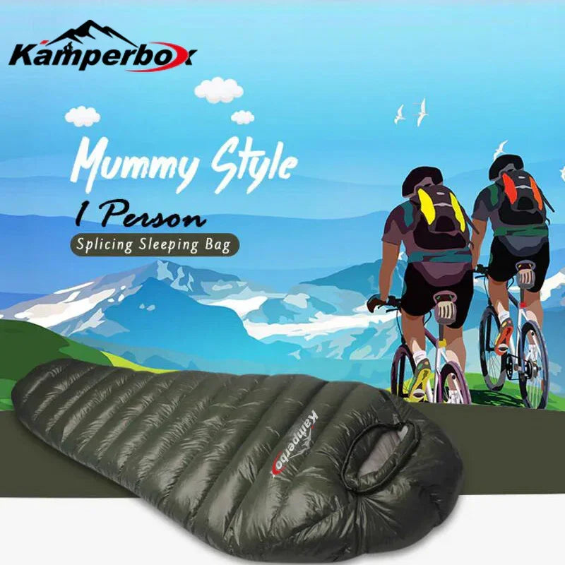 Dark green mummy style sleeping bag with glossy finish, lightweight and compact fit