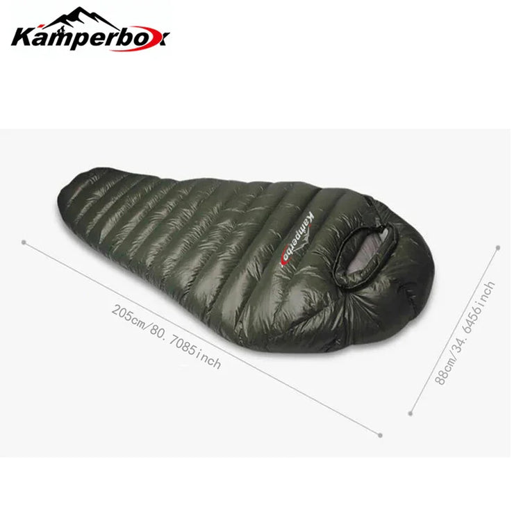 Dark green mummy-style sleeping bag, quilted design, puffy fit, nylon material, 205x88cm size.
