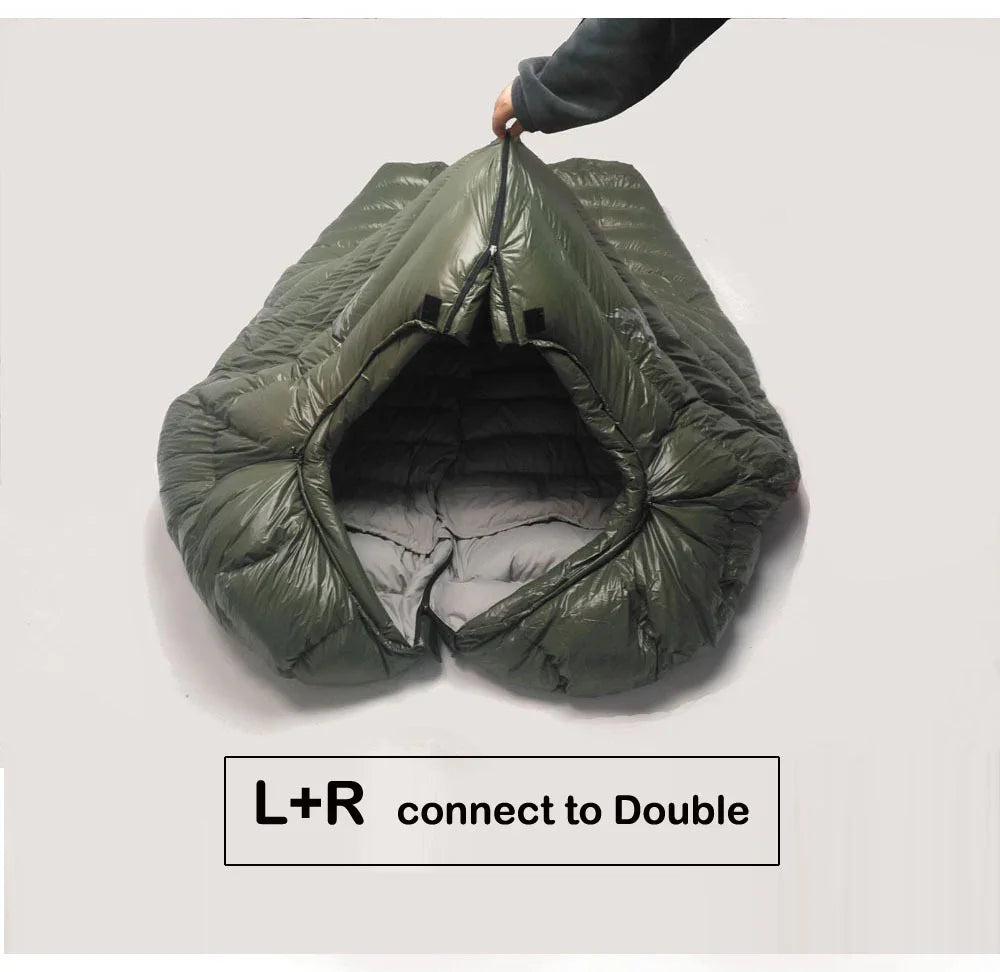 Olive green puffer sleeping bag, lightweight nylon, zip design, double connection feature