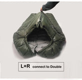 Olive green puffer sleeping bag, lightweight nylon, zip design, double connection feature