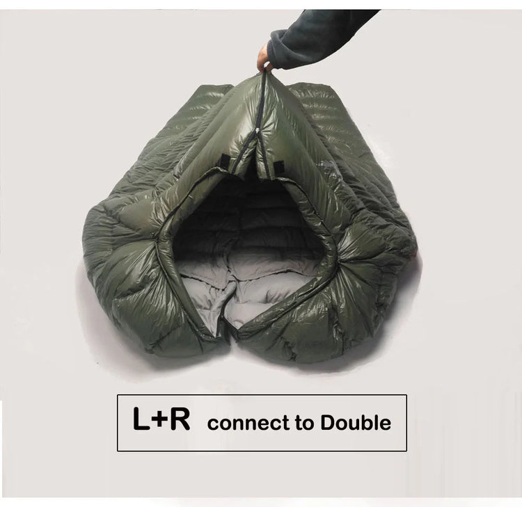 Olive green puffer sleeping bag, lightweight nylon, zip design, double connection feature