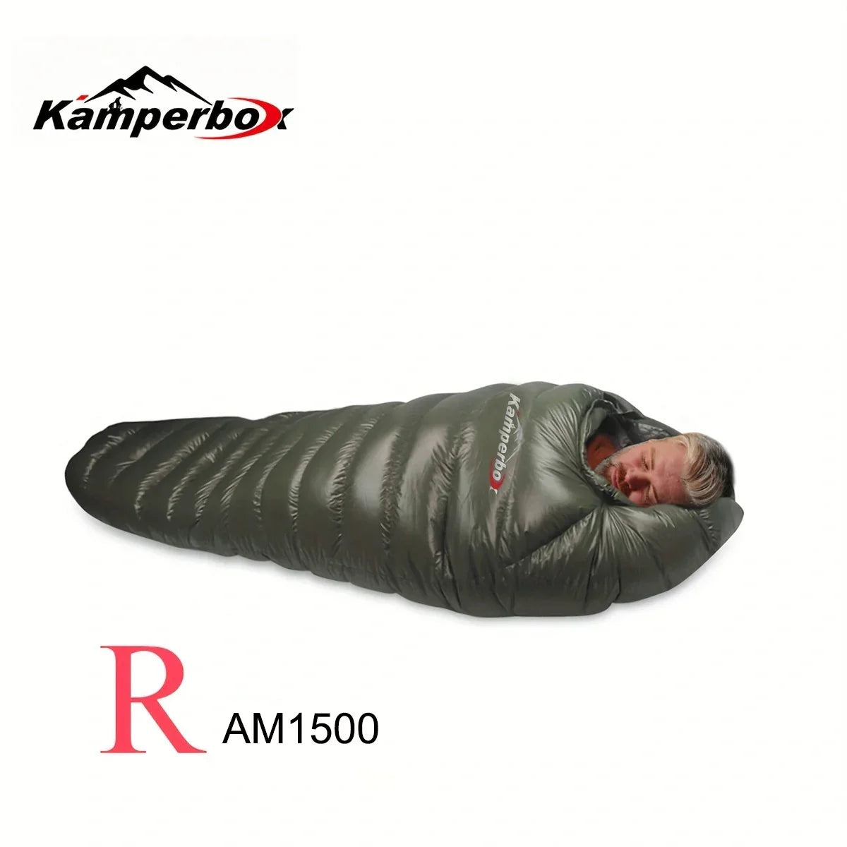 Man in a dark green, puffer-style, mummy-fit sleeping bag with glossy finish