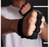 Man wearing black fingerless neoprene gloves, fitted snugly, punching towards camera