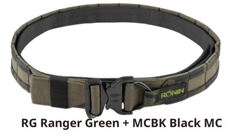 Ranger green and black tactical belt with quick-release buckle, durable nylon material, adjustable fit