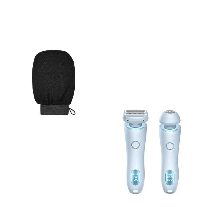 Black exfoliating glove with fitted cuff, two white electric grooming devices on white background