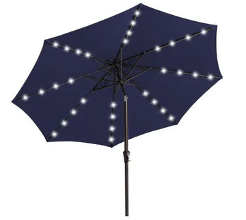 Navy blue outdoor umbrella with LED string lights on ribs, sturdy metal pole, patio setting