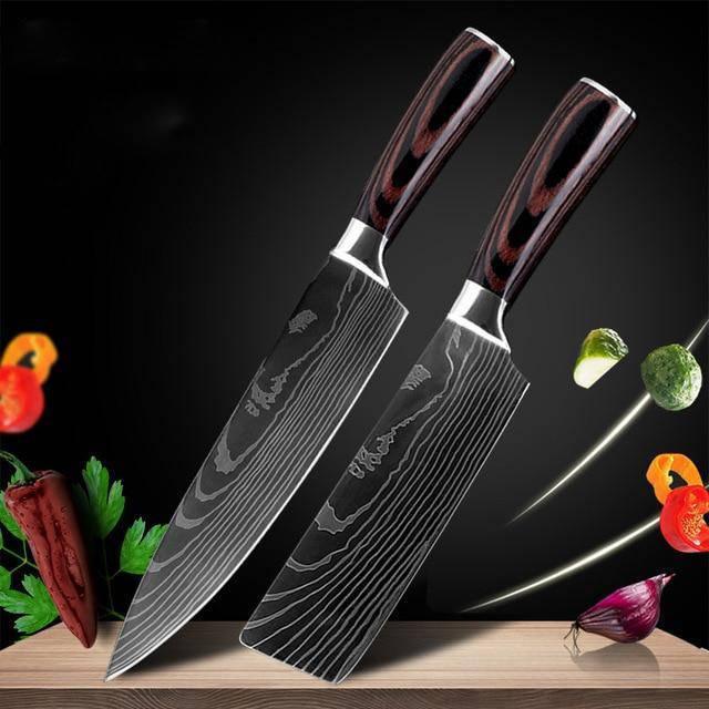 Two Damascus steel kitchen knives with dark wood handles and a modern, sleek design