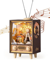Retro style wooden music box shaped like a TV, featuring a miniature Ferris wheel and carnival scene.