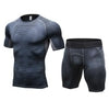 Black mesh compression shirt and shorts set, form-fitting athletic wear with breathable texture