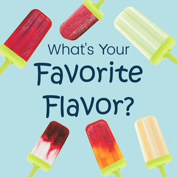 Assorted colorful popsicles with green handles on blue background, text reads 'What's Your Favorite Flavor?'.