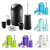 Colorful bathroom accessory sets with trash can, soap dispenser, cup, toothbrush holder, soap dish, and toilet brush, in black, blue, green, purple, white. Modern plastic and chrome design.