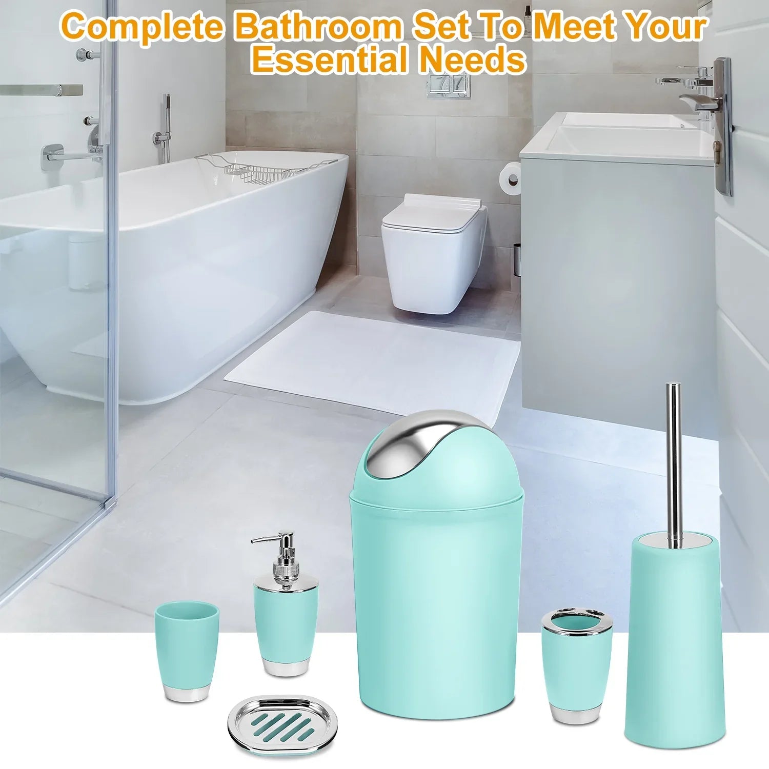 Modern bathroom with mint green bathroom accessory set including soap dispenser, toothbrush cup, trash bin, soap dish, and toilet brush, sleek and minimalist design.