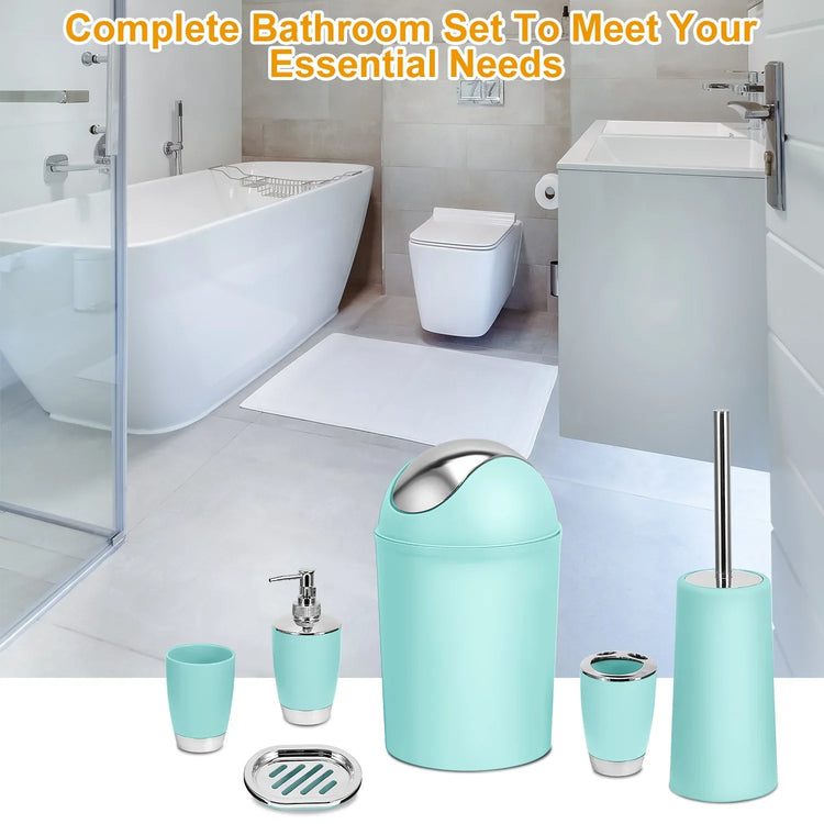 Modern bathroom with mint green bathroom accessory set including soap dispenser, toothbrush cup, trash bin, soap dish, and toilet brush, sleek and minimalist design.