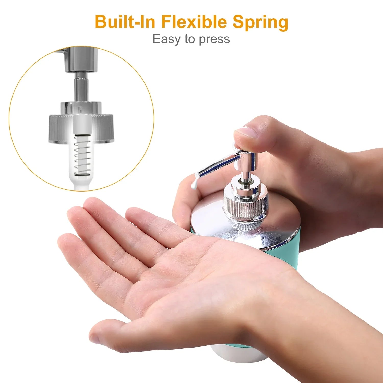 Closeup of hands using a silver soap dispenser with built-in spring pump, dispensing liquid.