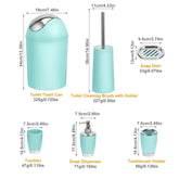 Aqua blue bathroom accessories set including trash can, toilet brush with holder, soap dish, tumbler, soap dispenser, and toothbrush holder, all with silver accents and modern design.