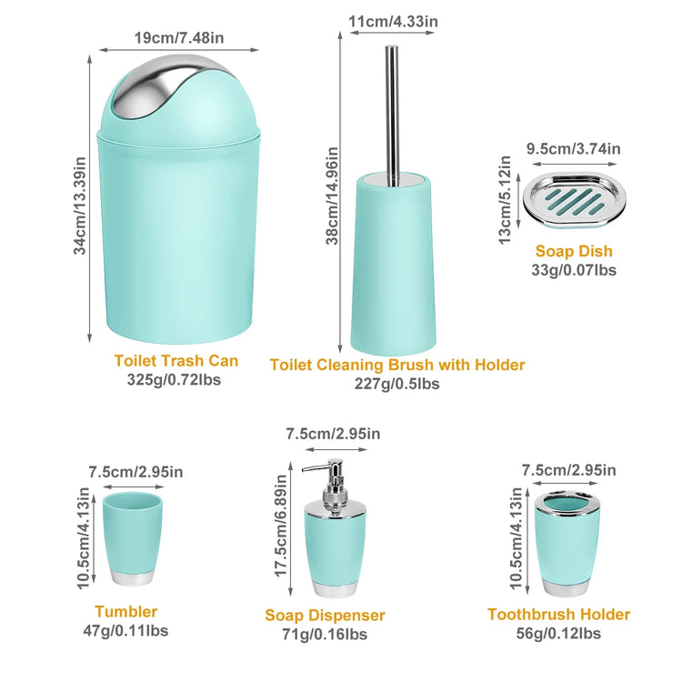 Aqua blue bathroom accessories set including trash can, toilet brush with holder, soap dish, tumbler, soap dispenser, and toothbrush holder, all with silver accents and modern design.