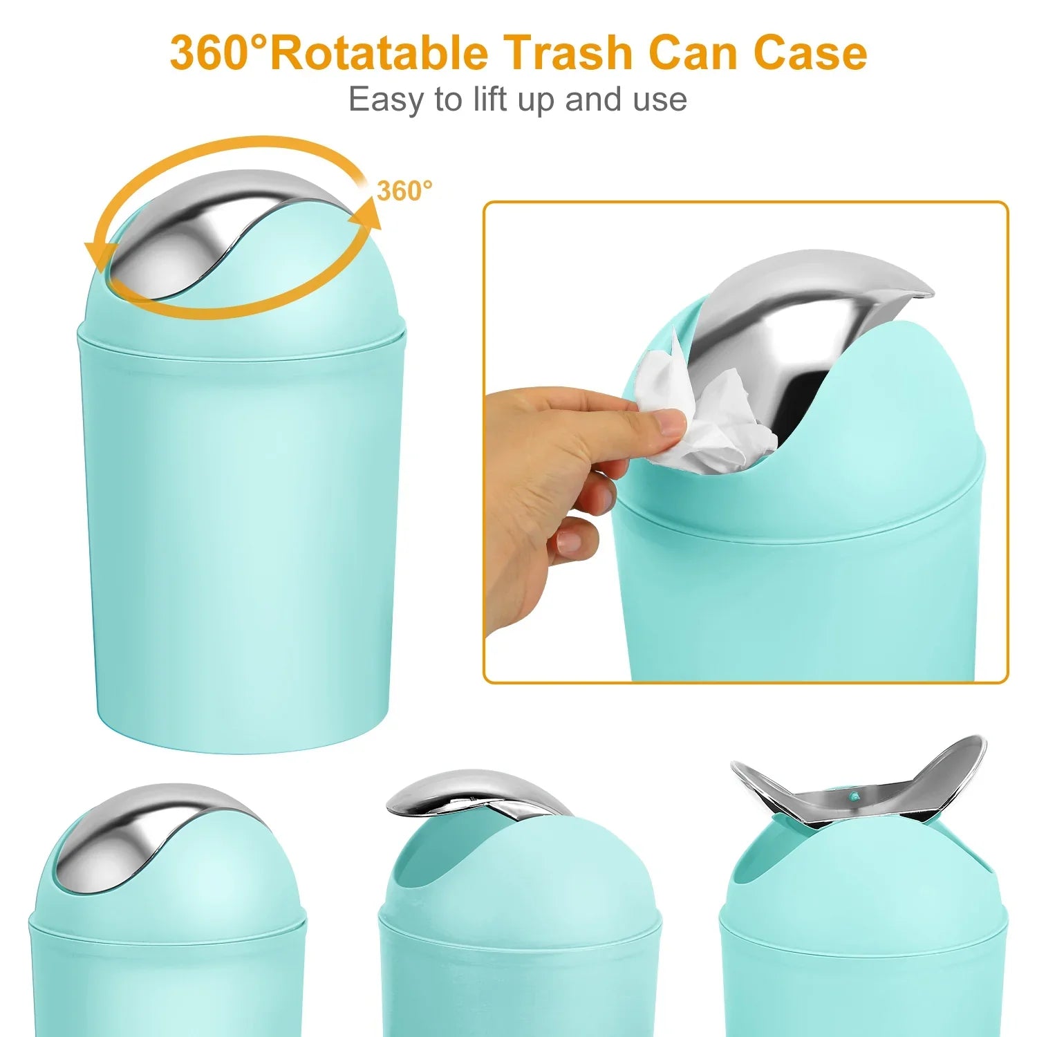 Light blue 360-degree rotating trash can with silver flip lid, compact modern design
