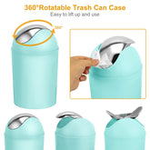 Light blue 360-degree rotating trash can with silver flip lid, compact modern design