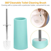 Stainless steel toilet brush with white bristles and turquoise holder, shown in use and on display.