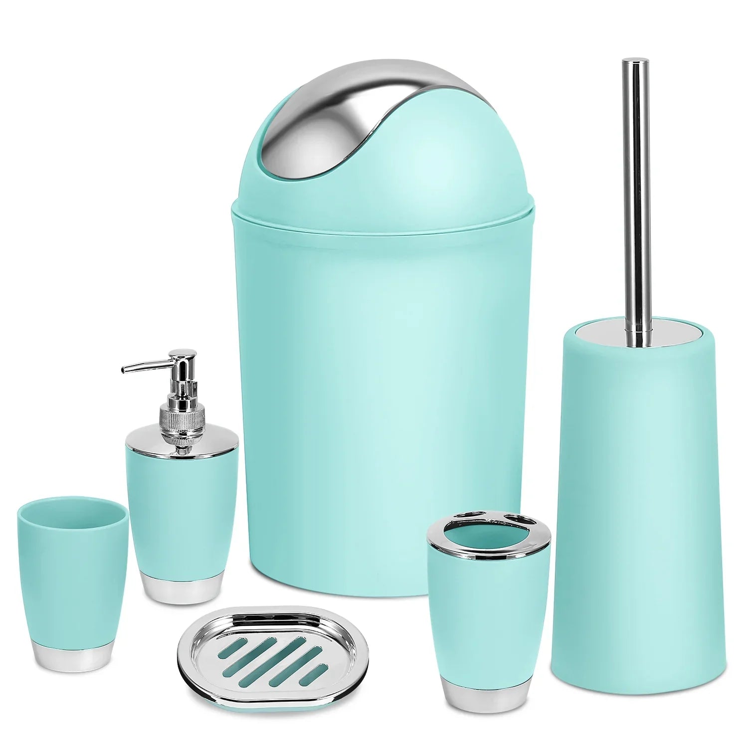 Aqua blue bathroom accessory set with chrome accents, includes trash bin, soap dispenser, toothbrush holder, cup, soap dish, and toilet brush.