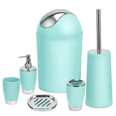 Aqua blue bathroom accessory set with chrome accents, includes trash bin, soap dispenser, toothbrush holder, cup, soap dish, and toilet brush.