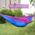 Two-tone blue and purple hammock outdoors, lightweight nylon fabric, spacious fit for one person